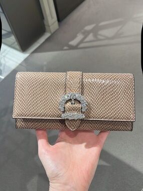 Jimmy Choo Taupe Snakeskin-Effect Wallet with Crystal Buckle